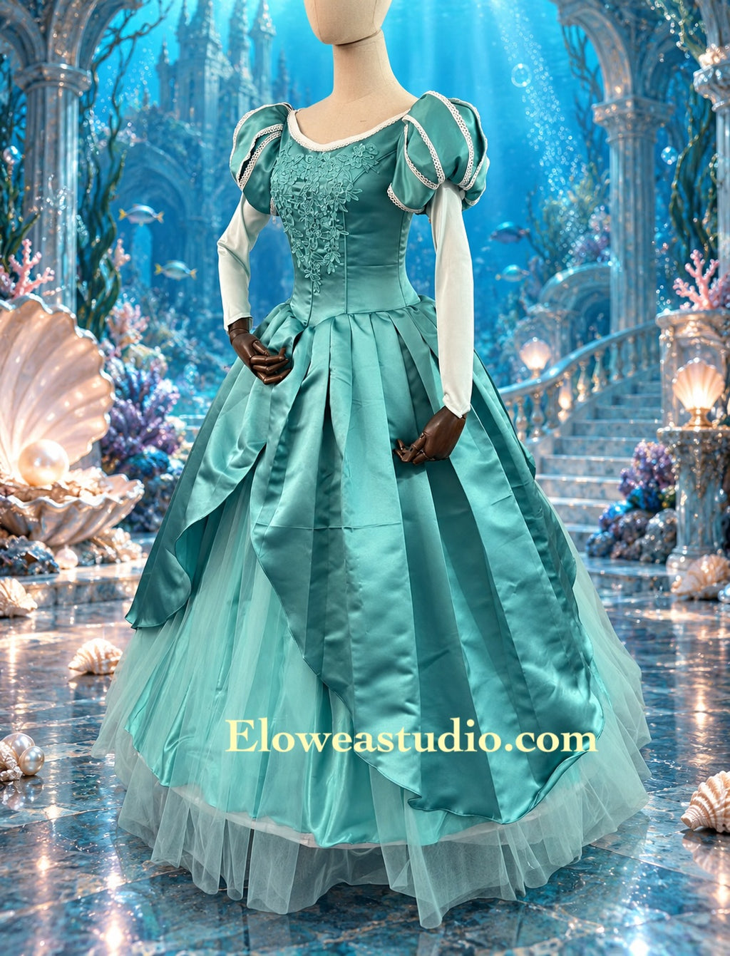 Seafoam Princess Satin &amp; Tulle Gown Green Ariel Inspired