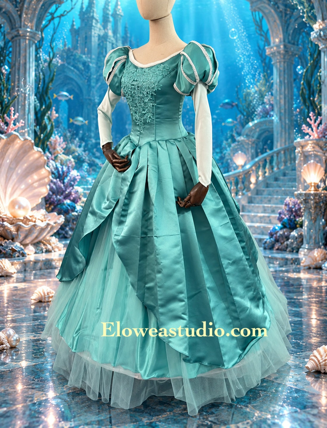 Seafoam Princess Satin &amp; Tulle Gown Green Ariel Inspired