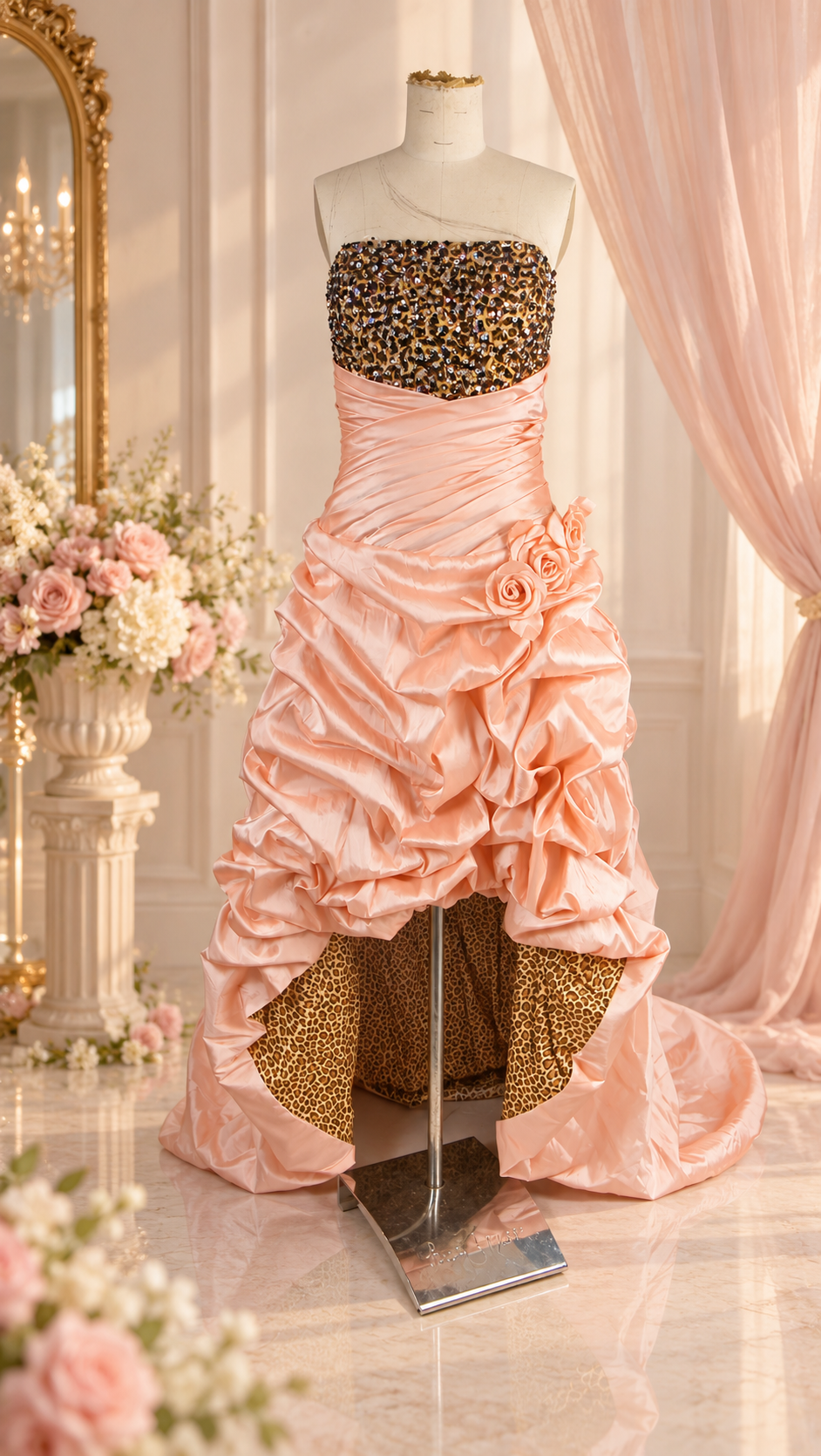 Peach & Leopard Crystal High-Low Ball Gown