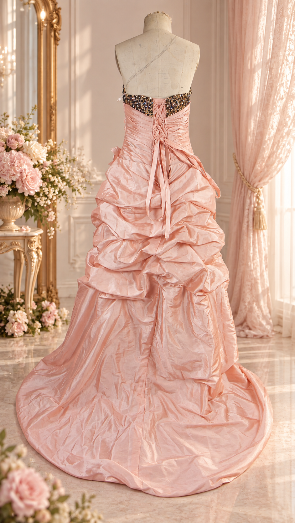 Peach & Leopard Crystal High-Low Ball Gown