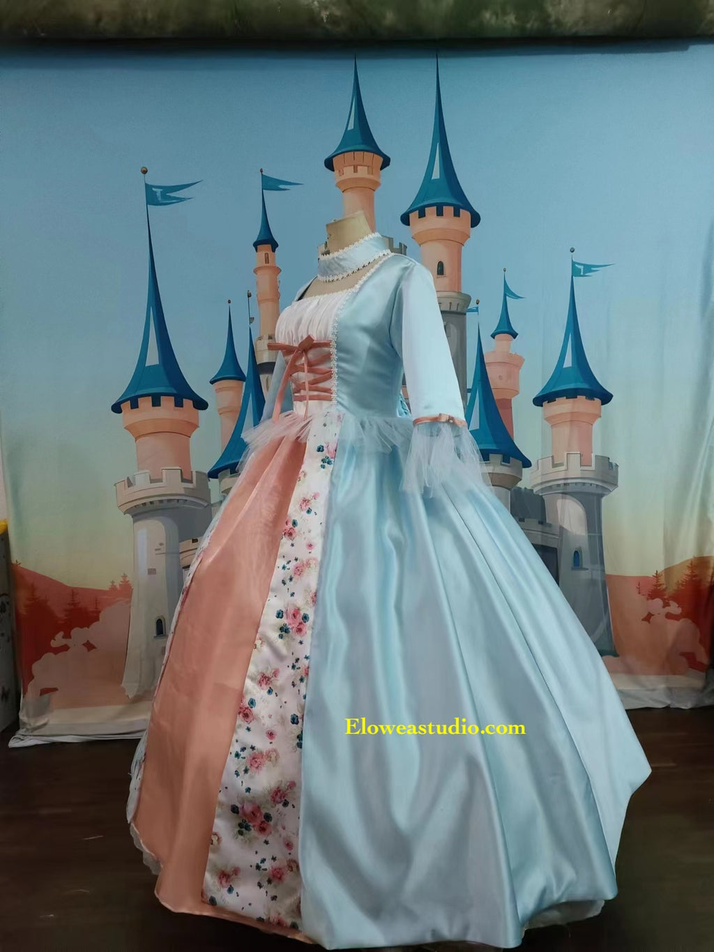 Blue & Pink Floral Rococo Princess Ball Gown