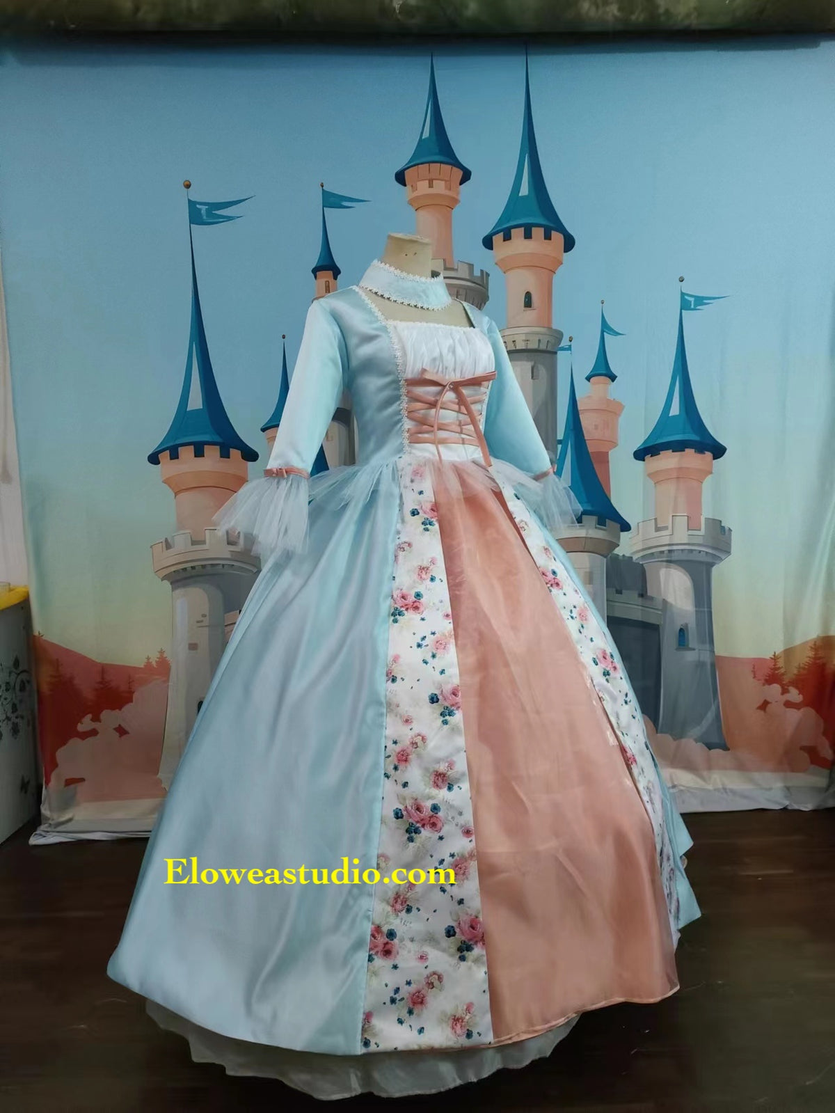 Blue & Pink Floral Rococo Princess Ball Gown