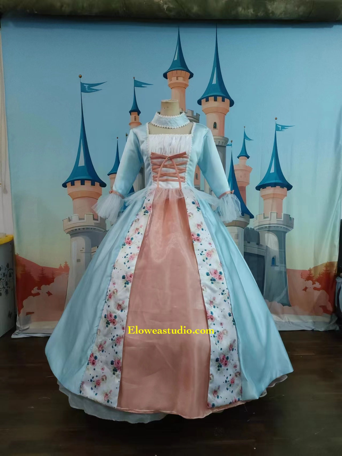 Blue & Pink Floral Rococo Princess Ball Gown