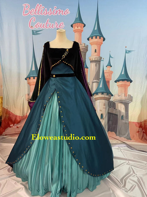 Anna Inspired Coronation Dress – Teal Princess Ball Gown with Velvet Cape