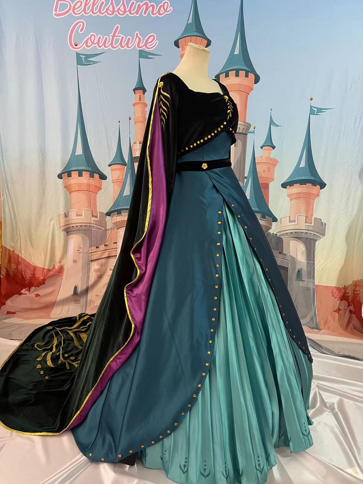 Anna Inspired Coronation Dress – Teal Princess Ball Gown with Velvet Cape