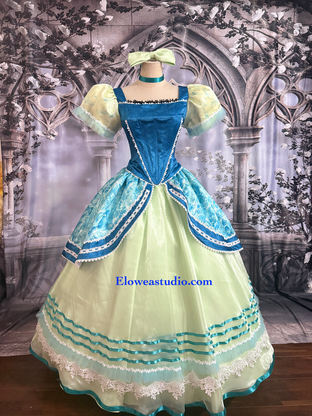 Anastasia-Inspired Stepsister Gown – Green & Teal Fairytale Costume