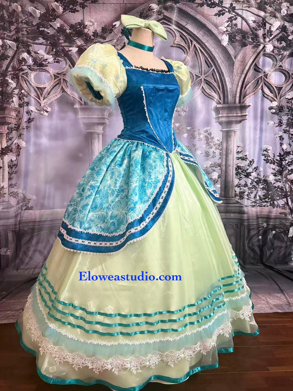 Anastasia-Inspired Stepsister Gown – Green & Teal Fairytale Costume