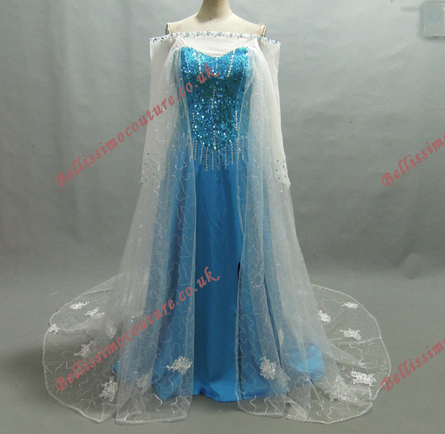 Ice Queen Inspired Blue Sequin Gown with Snowflake Cape