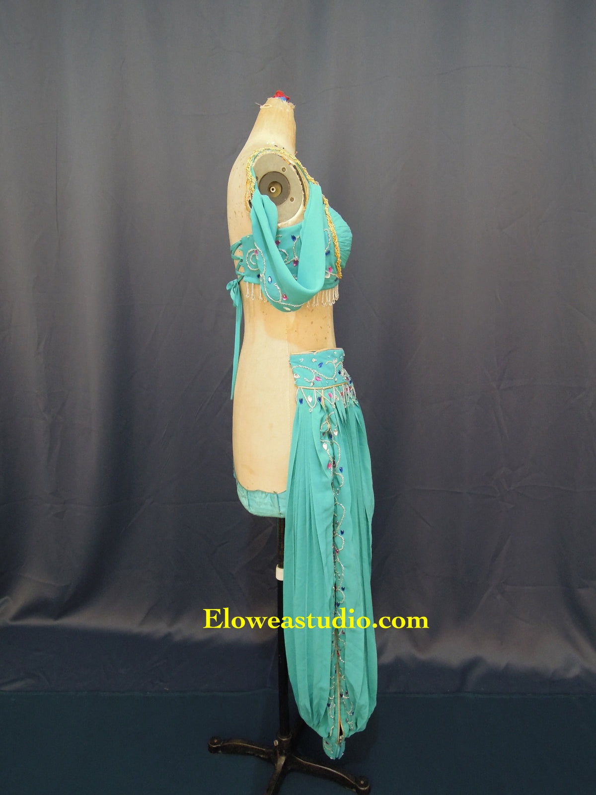 Arabian Princess Inspired Turquoise Two-Piece Costume – Beaded Crop Top & Harem Trousers