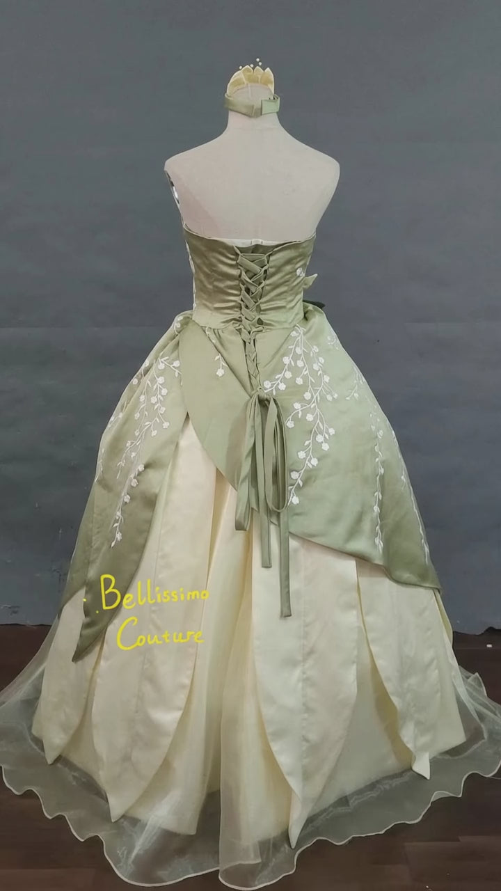 Enchanted Lily Princess Gown – Green & Ivory Fairytale Costume - Movie Inspired Tiana Costume