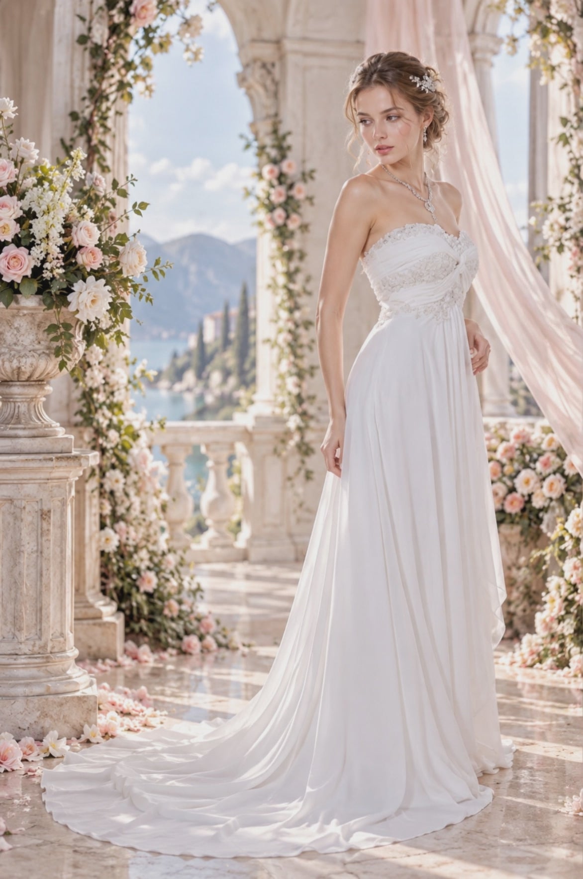 Romantic Ivory Chiffon Destination Wedding Dress with Lace Bodice