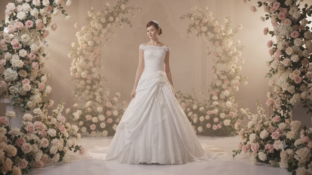 Classic Off-Shoulder Lace Bridal Ball Gown with Floral Detail